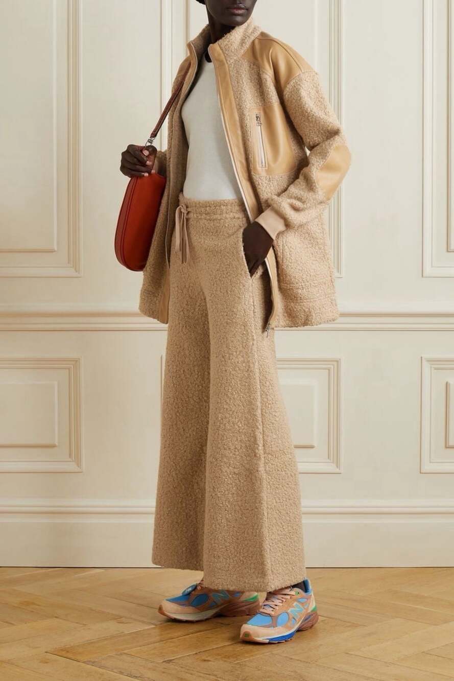 STAUD Rabbit Fleece Wide-Leg Track Pants Tan Sherpa Womens Size S Cozy Lounge